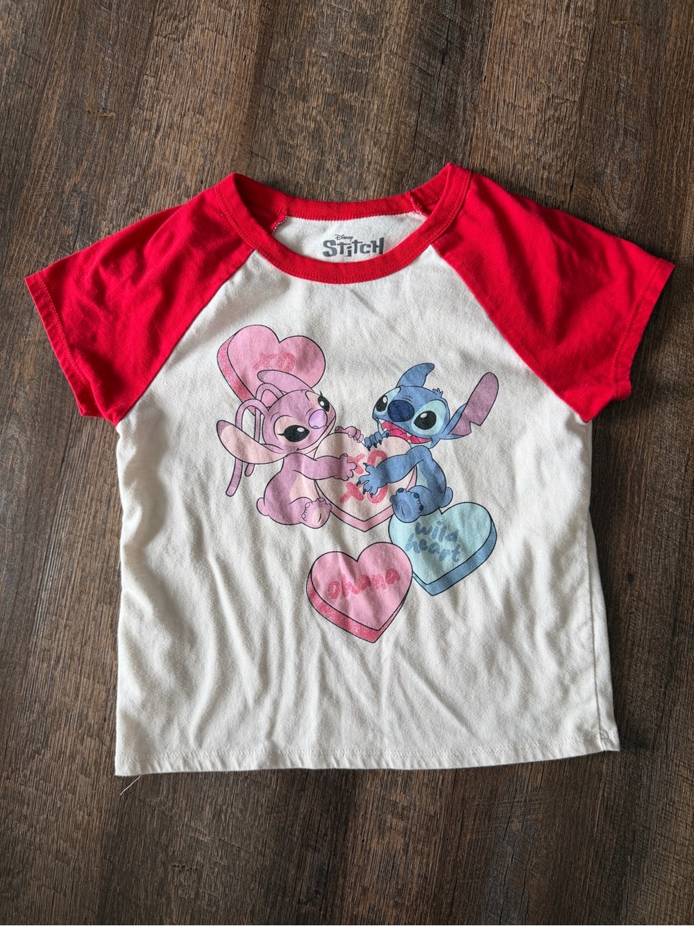 Disney Stitch & Angel Valentine’s Day Raglan T-Shirt | Girls Large | Pink & Red